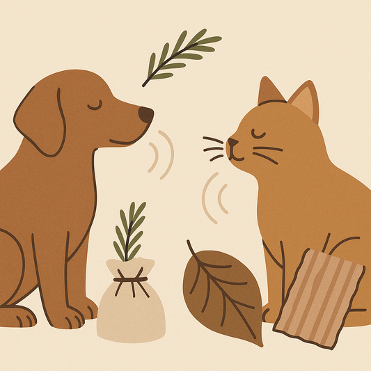 Illustration of a brown dog and an orange cat sitting calmly. The dog sniffs a pouch filled with herbs, and the cat sniffs a dry leaf and piece of cardboard. Both animals look relaxed, with a light beige background.