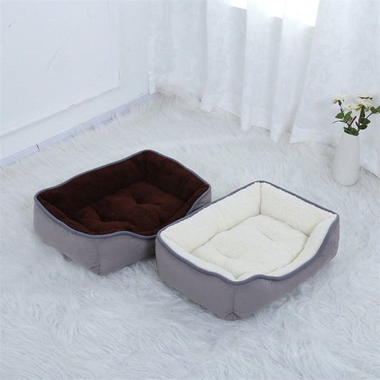 Dual-tone pet bed featuring a soft white plush interior and a stylish coffee-colored exterior, designed for cozy comfort and modern home decor.