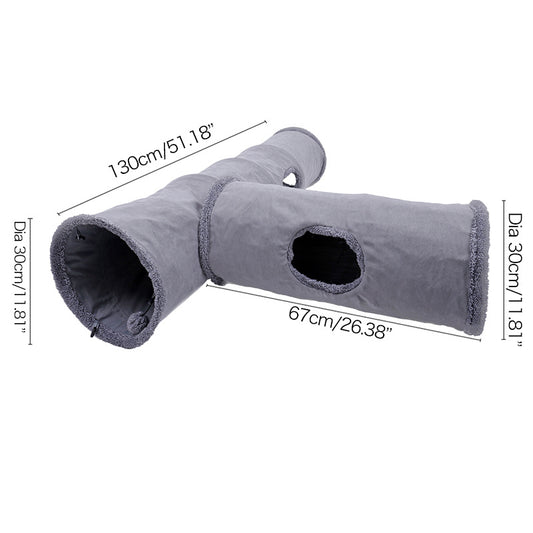 Grey collapsible cat tunnel with size dimensions and peek hole, perfect for kittens and adult cats.