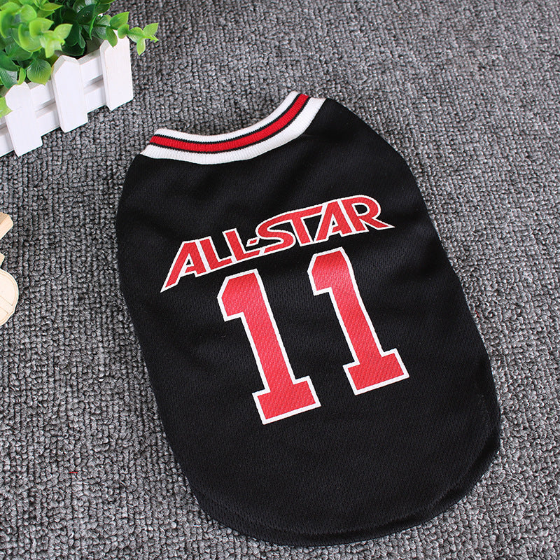 Black pet jersey with 'All Star 11' text on a gray surface