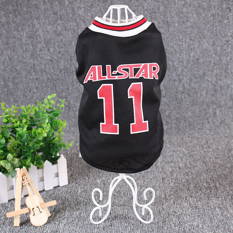 Black pet jersey with 'All-Star 11' text on a gray surface with decorative elements.