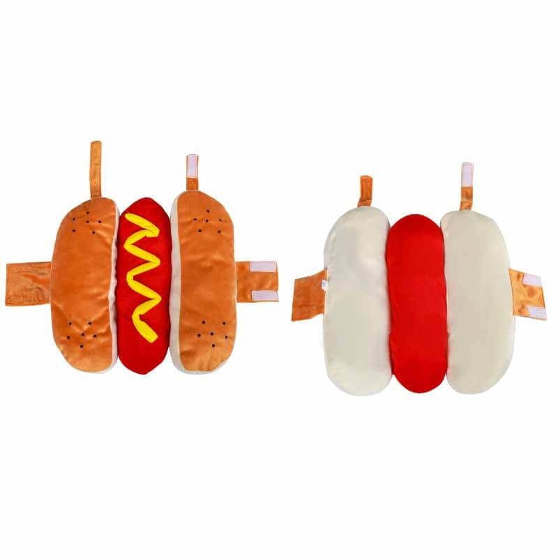 Two sets of plush toys resembling hot dogs and buns on a white background