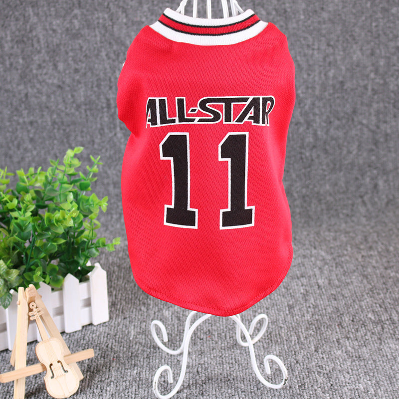 Red pet jersey with 'All-Star 11' text on a stand with a plant in the background