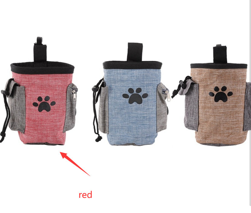 Training pouches for dogs in red, denim blue, and tan, featuring side pockets and comfortable crossbody straps.