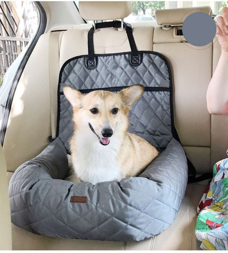Side and front view of a foldable dog seat showcasing secure interior leash clip and padded edges.