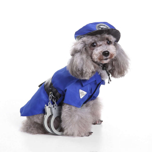 Dog wearing a blue uniform with a hat and handcuffs on a white background