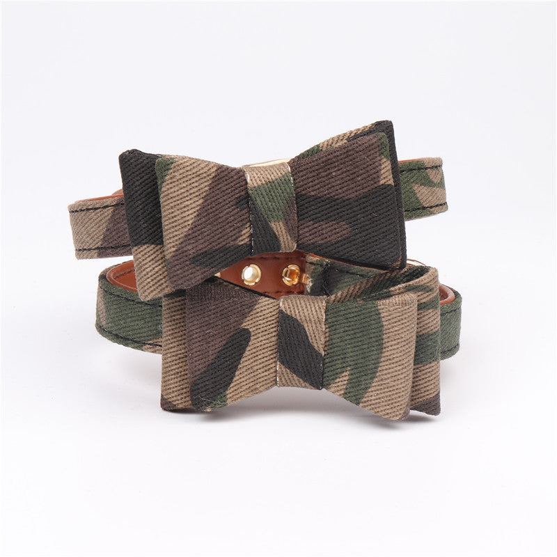 Stylish cat collar trio featuring camouflage bow ties, ideal for trendy and adventurous cats.