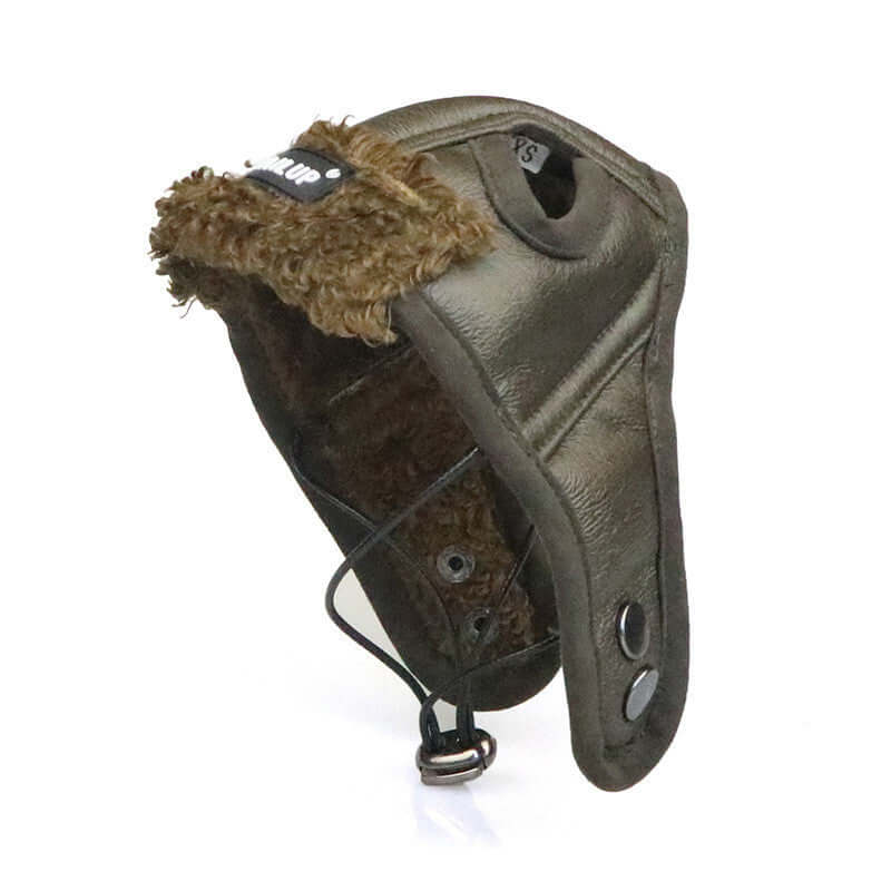 Cute dog wearing PU leather winter cap with ear flaps and snug fit