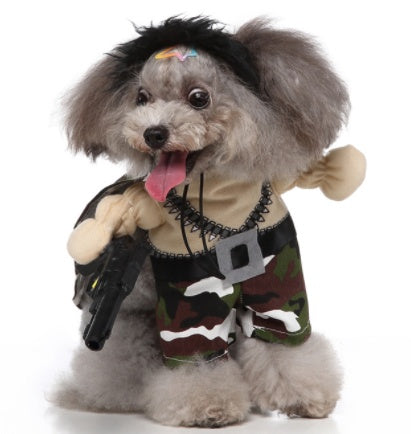 Dog wearing a costume with a vest, pants, and holding a toy gun on a white background