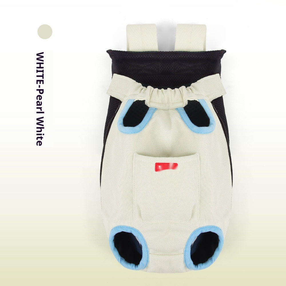 Side view of a red pet carrier backpack worn by a person, with a cat comfortably nested inside, head and paws exposed.