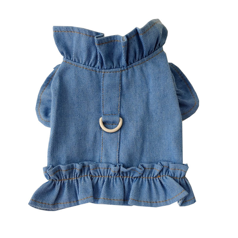 Denim dress with ruffled details on a white background