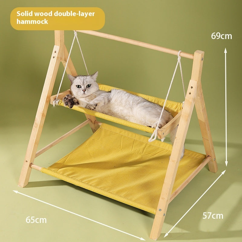 Durable wooden pet bed for indoor cats with soft, cozy fabric and triangle base