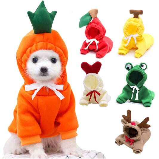 Dog in an orange carrot costume with other animal-themed costumes displayed.