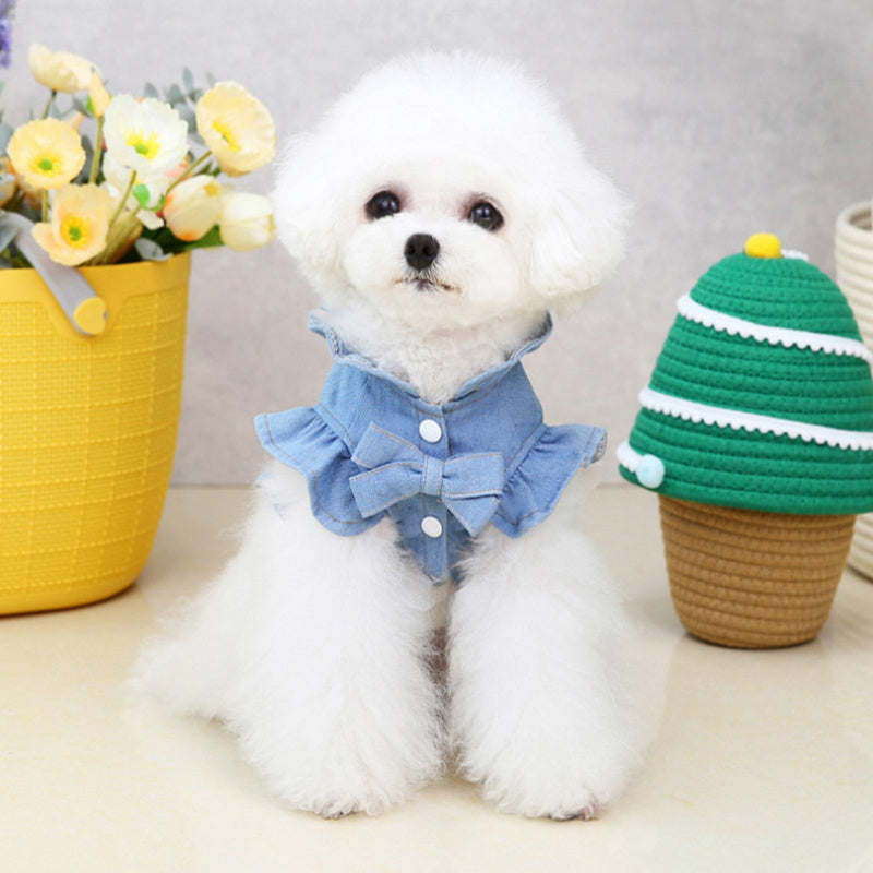 Small white dog wearing a blue outfit with a bow tie, standing next to a green and brown ice cream cone-shaped toy.