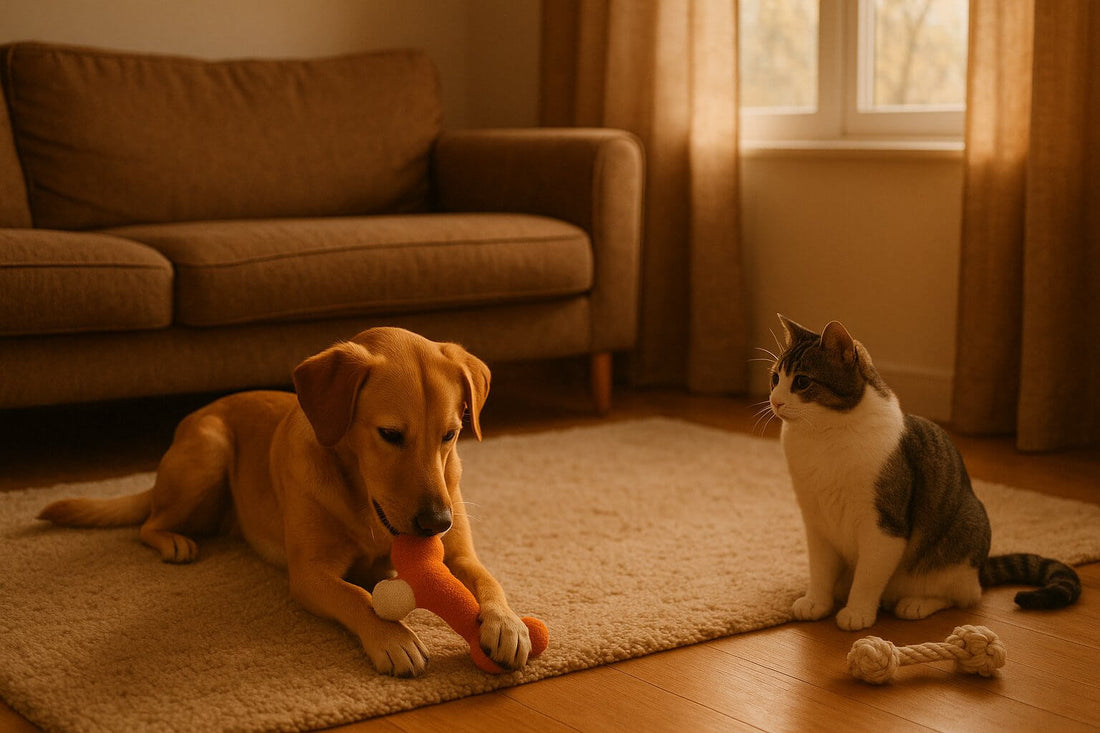 A golden retrive and a cat playing with toys in a House 