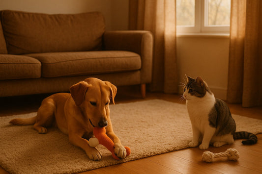 A golden retrive and a cat playing with toys in a House 