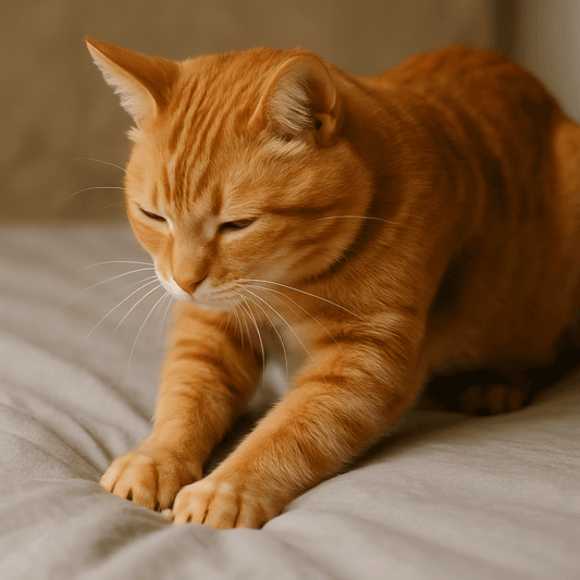 An orange tabby cat kneading a soft blanket with its front paws, showing a relaxed and affectionate behavior.