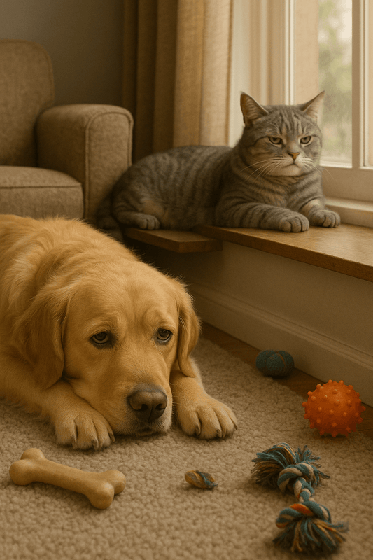 A golden retriever lying on a carpet looking bored, surrounded by chew toys, with a gray tabby cat lounging calmly on a wooden windowsill nearby. The cozy room features neutral-toned furniture and a large window with beige curtains.