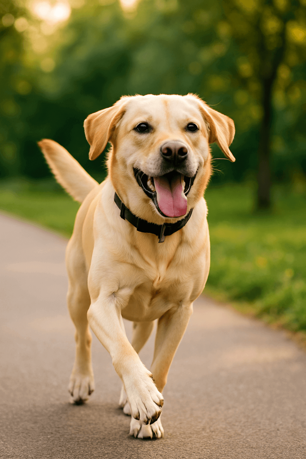 "A happy golden Labrador Retriever running on a paved path through a sunlit park, its tongue out and ears flopping, surrounded by green grass and softly glowing trees in the background.