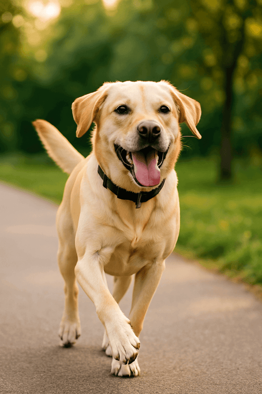 "A happy golden Labrador Retriever running on a paved path through a sunlit park, its tongue out and ears flopping, surrounded by green grass and softly glowing trees in the background.