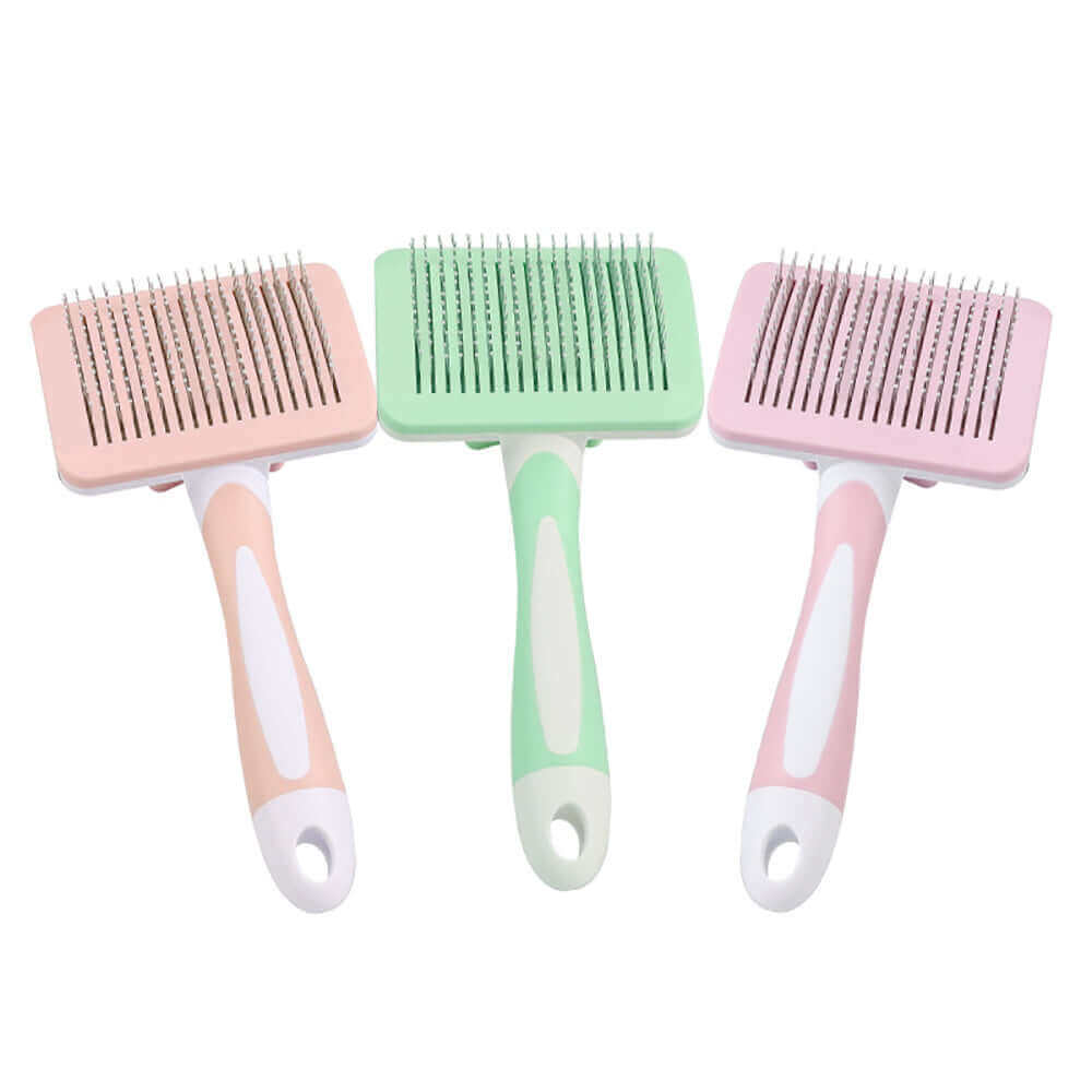 Self-cleaning slicker brush for dogs and cats with one-click hair removal button