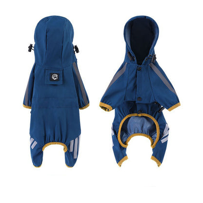 Small dog wearing a waterproof raincoat with hood