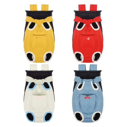 Cream white pet backpack hanging with plush padding and leg openings clearly visible, designed for cats and small dogs.