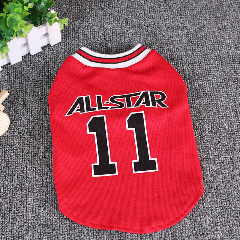 Red pet jersey with 'All-Star' and number '11' on a gray surface
