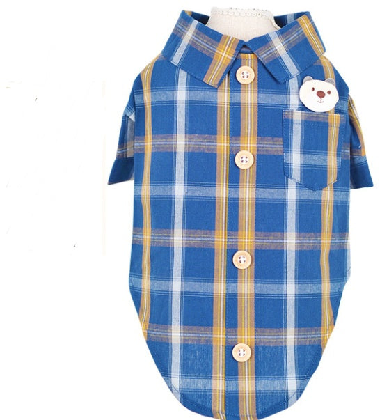 Blue and yellow plaid dog shirt on a mannequin with a white background