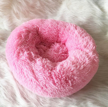Fluffy macaron-style pet bed with relaxing plush texture