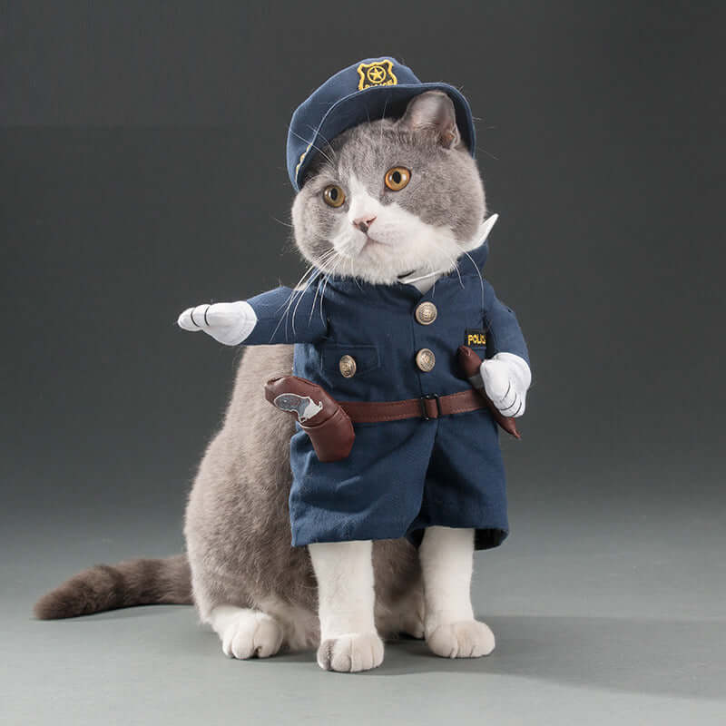 Cat wearing a police uniform with a hat and coat on a gray background