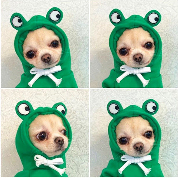 Dog wearing a green frog costume with large eyes and a white bow tie on a light background.