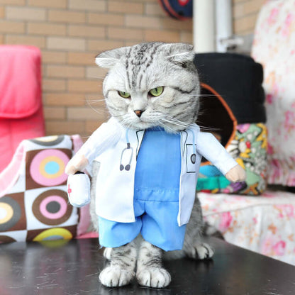Cat wearing a doctor costume with a stethoscope in a home setting