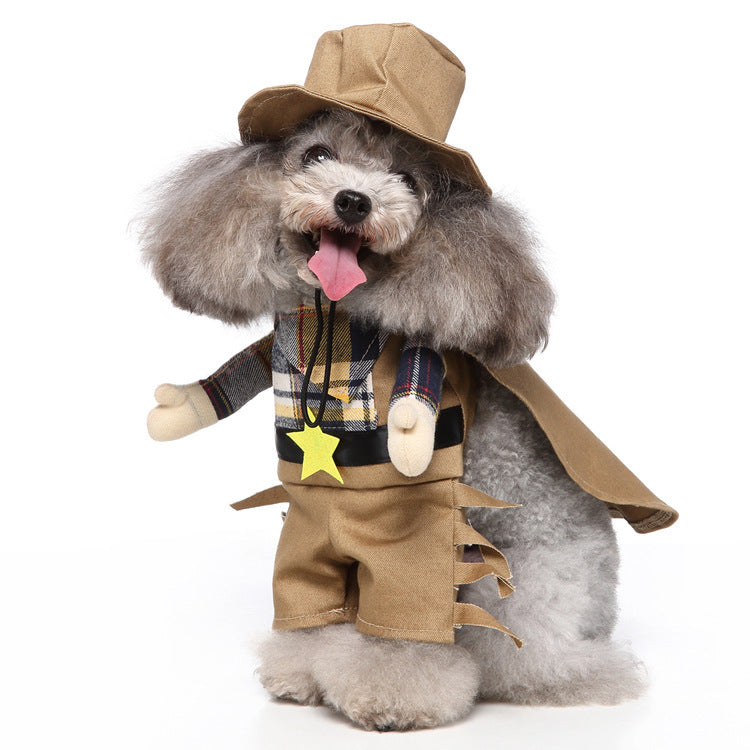 Dog toy dressed as a cowboy with a hat, coat, and star badge on a white background
