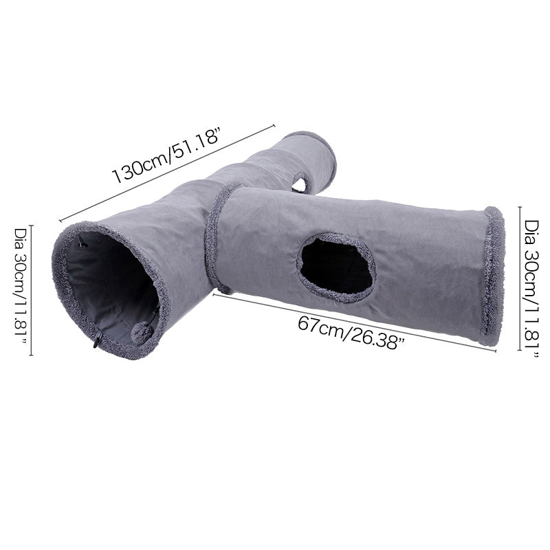 Grey collapsible cat tunnel with size dimensions and peek hole, perfect for kittens and adult cats.