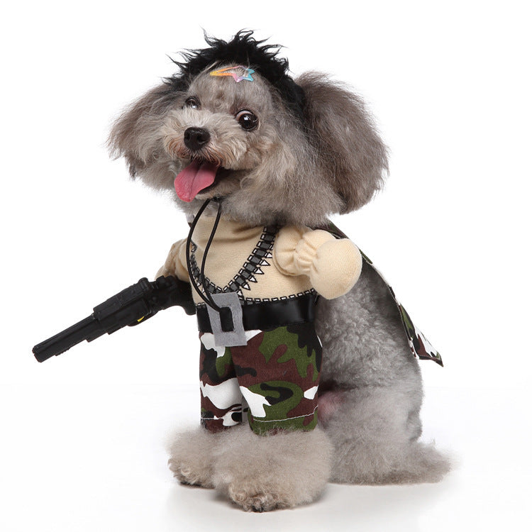 Dog wearing a costume with a camouflage tank top and holding a toy gun on a white background