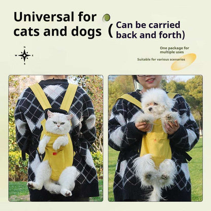 A cat peeks out comfortably from a red open-shoulder pet backpack, enjoying a sunny walk in the park with its owner.