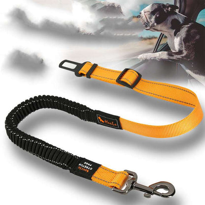 Adjustable dog car seat belt with heavy-duty nylon strap and metal clips.