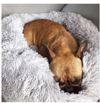 Circular pet bed with soft padding and supportive edges