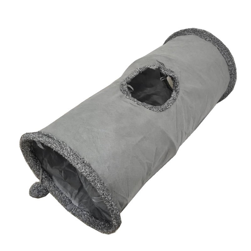 Grey cat tunnel with multiple openings, offering entertainment and comfort for indoor cats.
