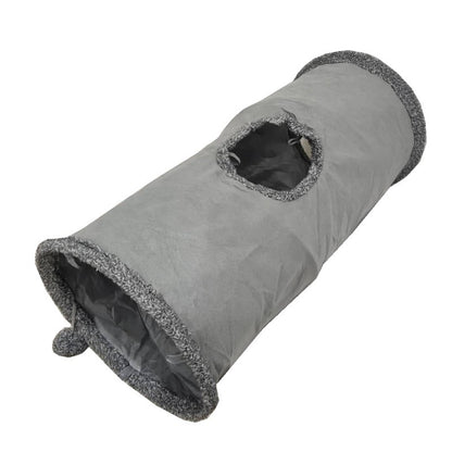 Grey cat tunnel with multiple openings, offering entertainment and comfort for indoor cats.