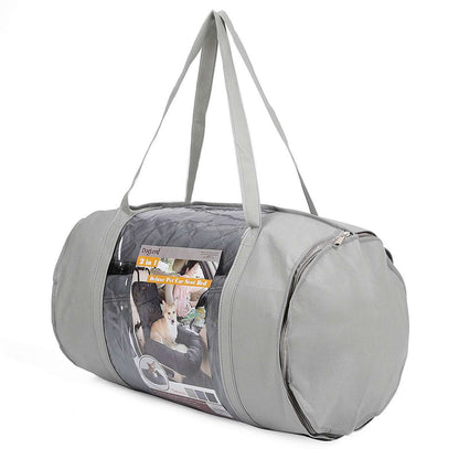 Beige quilted dog car seat with dimensions labeled and built-in safety strap.