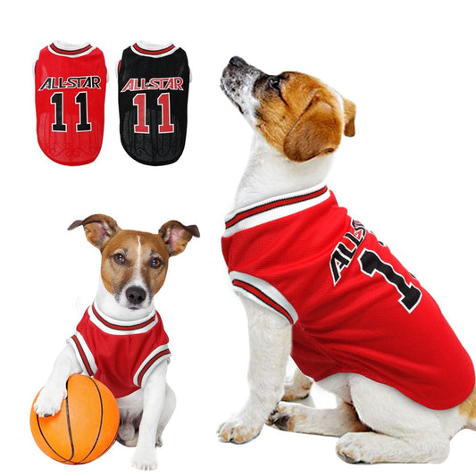 Two dogs wearing red 'All Star' jerseys with number 11, one holding a basketball.