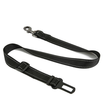 Elastic dog seat restraint with safety lock for secure transport.