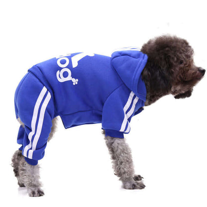 Dog wearing a blue hoodie with white stripes on a white background