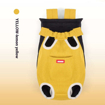 Close-up of a yellow breathable pet bag showing detailed stitching, soft fabric texture, and secure shoulder holes.