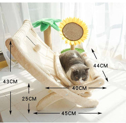 Sunlit cat lounging in a plush hammock-style cat seat with a built-in toy and sturdy wooden frame.