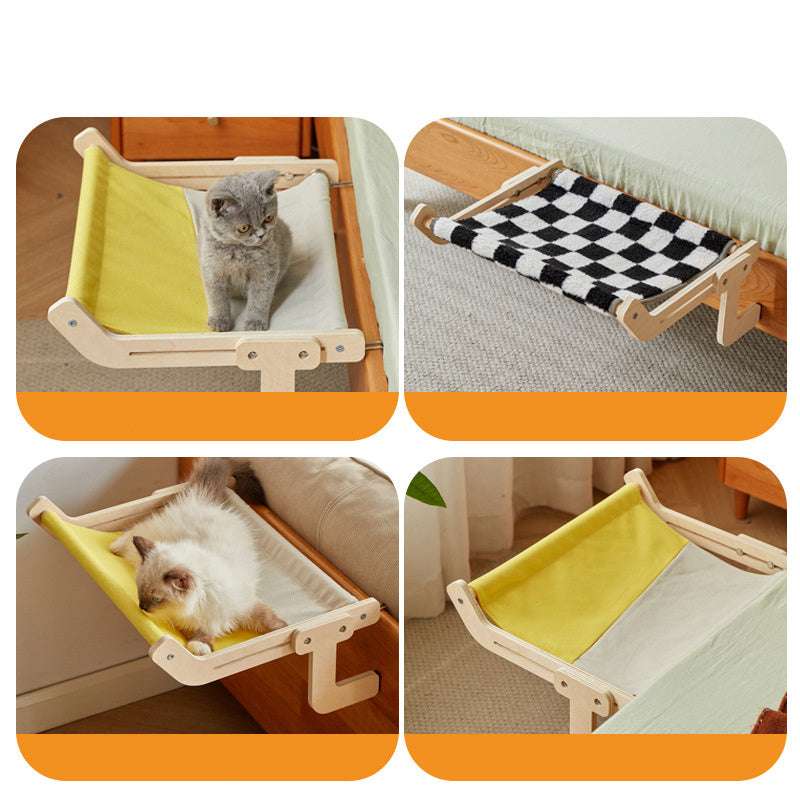 Comfortable cat enjoying sunlight on a dual-color fabric hammock stand.