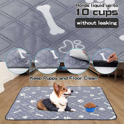 Washable dog urine pad with navy blue fabric and bone/paw print pattern.