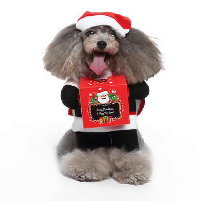 Dog wearing a Santa hat and holding a Christmas-themed box on a white background